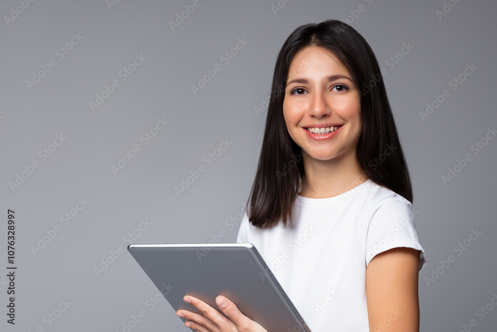 Businessw with her hands on tablet stands on gray. businessw digital concept. businessw with her hands on tablet stands on a gray. a female in gray stands with a tablet and a businessw lifestyle. Businessw with her hands on tablet stands on gray. businessw digital concept. businessw with her hands on tablet stands on a gray. a female in gray stands with a tablet and a businessw lifestyle.
