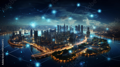 Visualization of a smart city network concept with integrated technology enhancing connectivity and urban management.