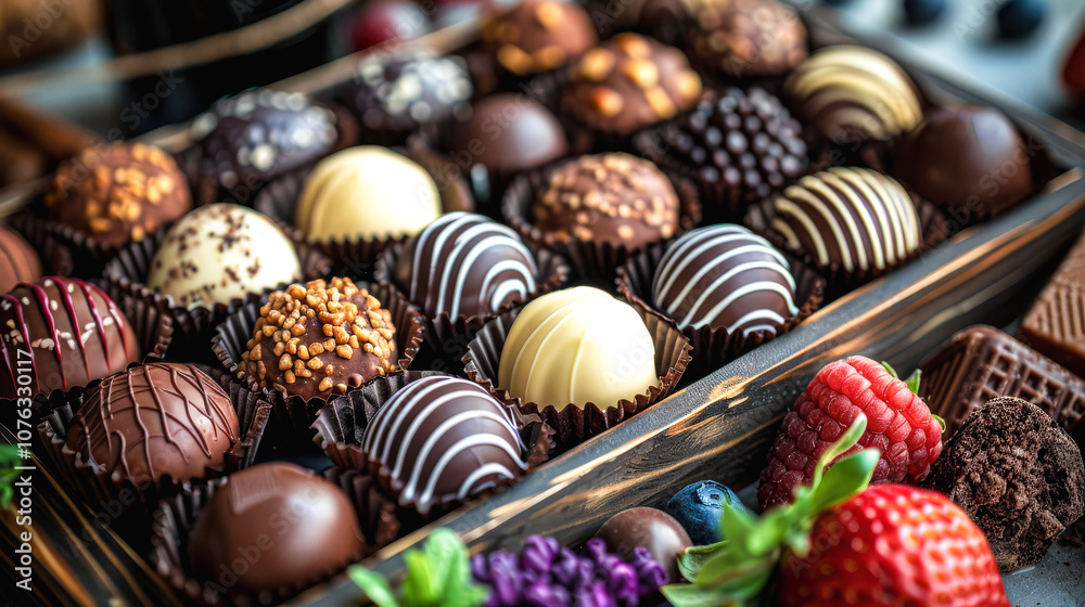Artisan Chocolate Truffles Gift Box: Indulge in a delectable assortment of gourmet chocolate truffles, artfully arranged in a rustic wooden box, surrounded by fresh berries. A symphony of rich dark. Artisan Chocolate Truffles Gift Box: Indulge in a delectable assortment of gourmet chocolate truffles, artfully arranged in a rustic wooden box, surrounded by fresh berries. A symphony of rich dark.