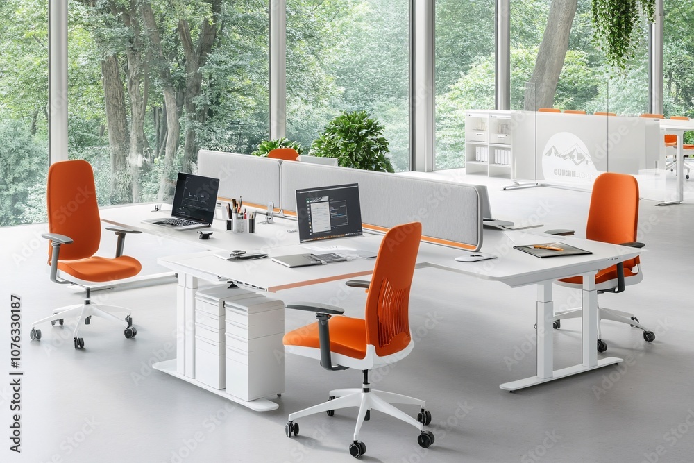 Fototapeta premium Modern Office Workspace with White Desks and Orange Chairs