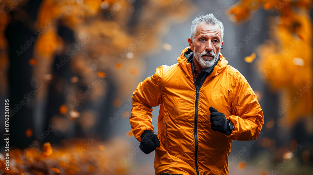 Autumn Run: Senior man jogging in fall foliage Autumn Run: Senior man jogging in fall foliage