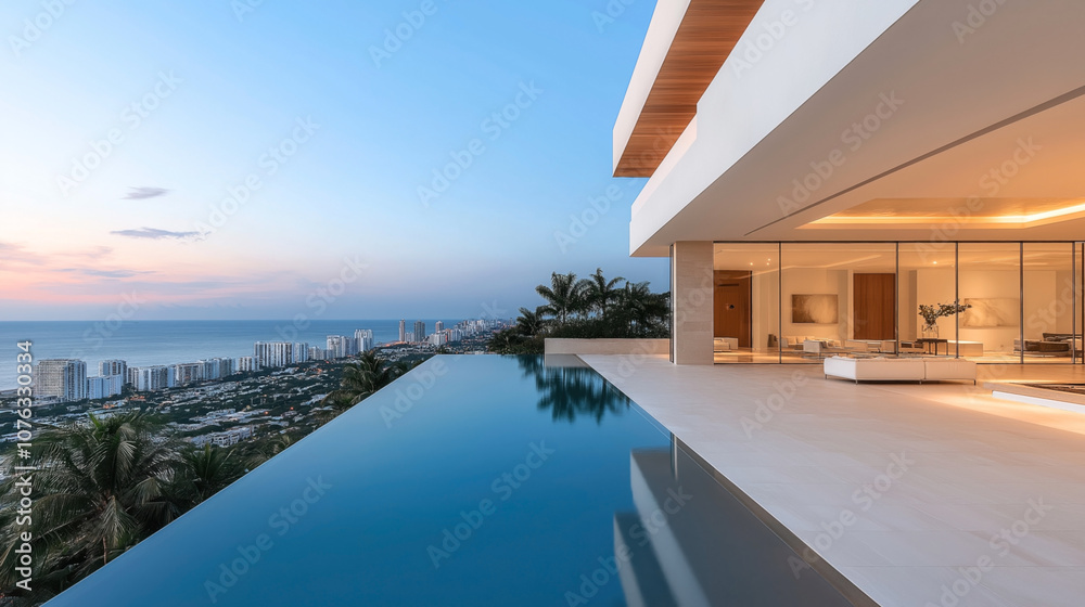 Fototapeta premium Modern luxury villa with infinity pool overlooking city skyline and ocean at sunset, featuring elegant architecture and large glass windows offering panoramic views.