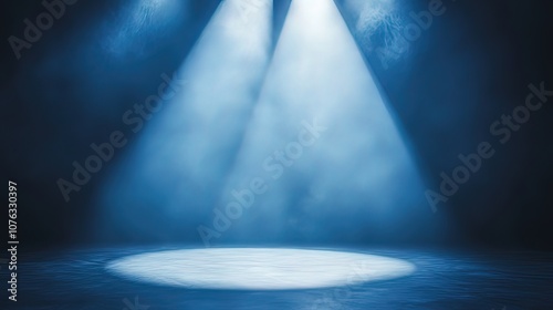 Two blue spotlights shining through smoke on a dark background.