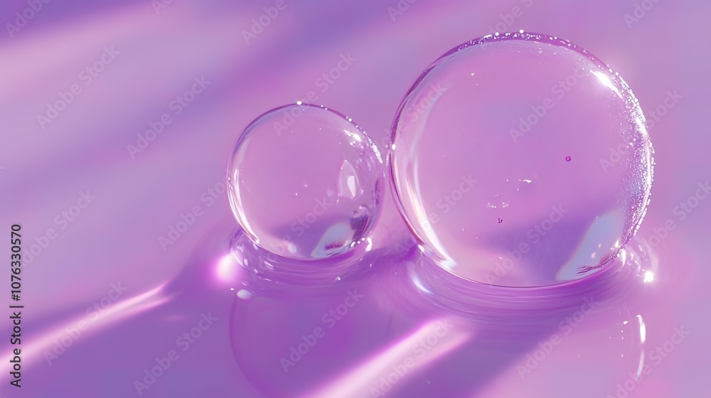 Two clear glass spheres on a pink background, creating a shimmering effect with reflected light. Two clear glass spheres on a pink background, creating a shimmering effect with reflected light.