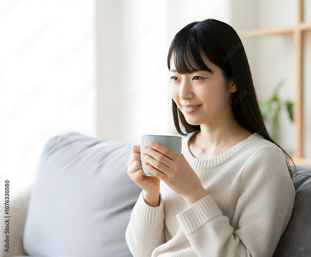 飲み物を飲み一息つく女性 飲み物を飲み一息つく女性