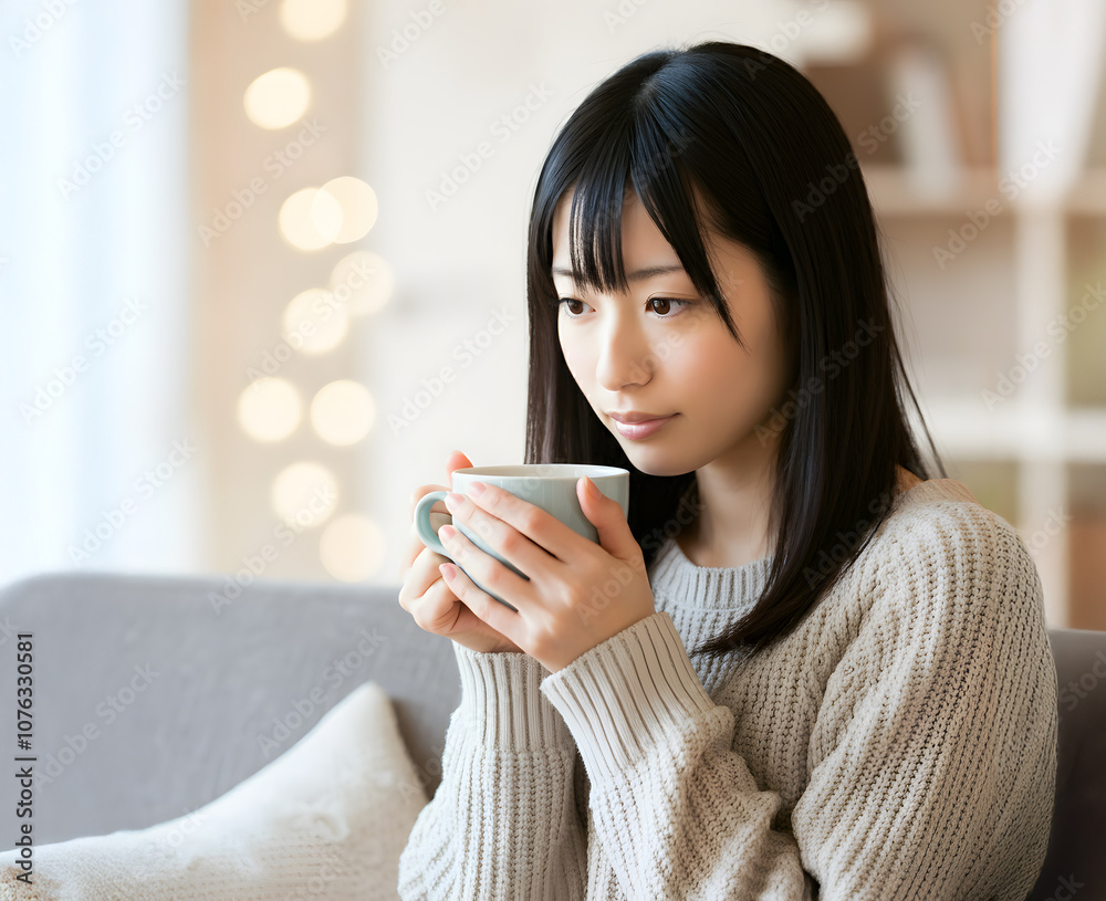 飲み物を飲み一息つく女性 飲み物を飲み一息つく女性