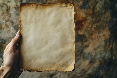 A hand holds a blank, aged parchment against a textured background.