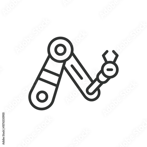 Industrial robot hand, icon in line design. Industrial, robot, hand, automation, machine, technology, mechanical on white background vector. Industrial robot hand editable stroke icon