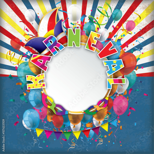 Karneval Cover mit Retrostrahlen, Konfetti und bunten Luftballons