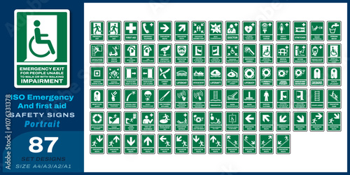 87 set iso emergency and first aid safety signs v30_emergency exit for people unable to walk or with walking impairment (right)_portrait size a4/a3/a2/a1
