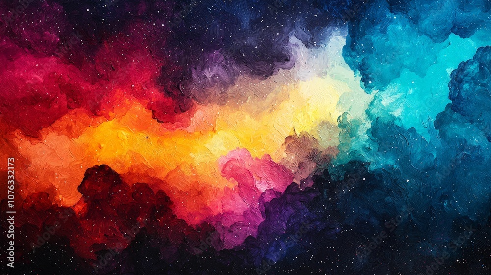 A vibrant watercolor depiction of a cosmic scene, featuring swirling colors like red, orange, yellow, blue, and teal against a dark starry background. A vibrant watercolor depiction of a cosmic scene, featuring swirling colors like red, orange, yellow, blue, and teal against a dark starry background.