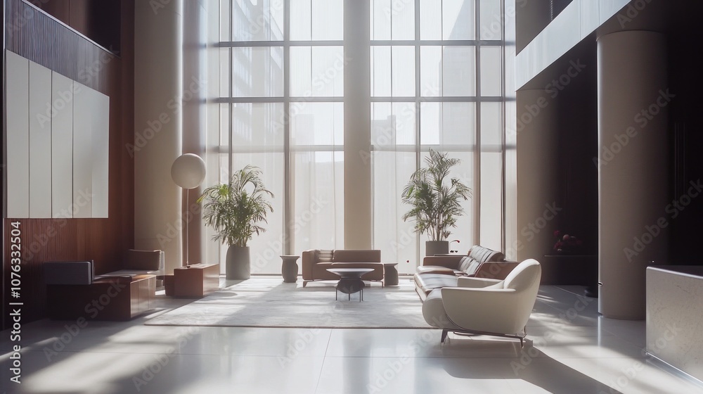 Fototapeta premium Modern lobby with large windows, plants, and stylish furniture.