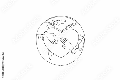 Single one line drawing heart with two palms in middle on a globe background. Global unity. Collaboration. Positive impact. Equitable world. World NGO Day. Continuous line design graphic illustration