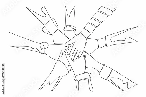 Single continuous line drawing eight hands with their sleeves stacked together and making circle. The interconnectedness. Solidarity. Shared vision. World NGO Day. One line design vector illustration