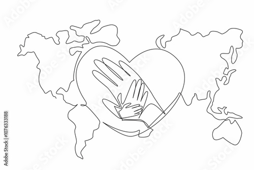 Single continuous line drawing hands stacked in the middle of a heart shape on a world map background. The global compassion. Humanitarian efforts. World NGO Day. One line design vector illustration