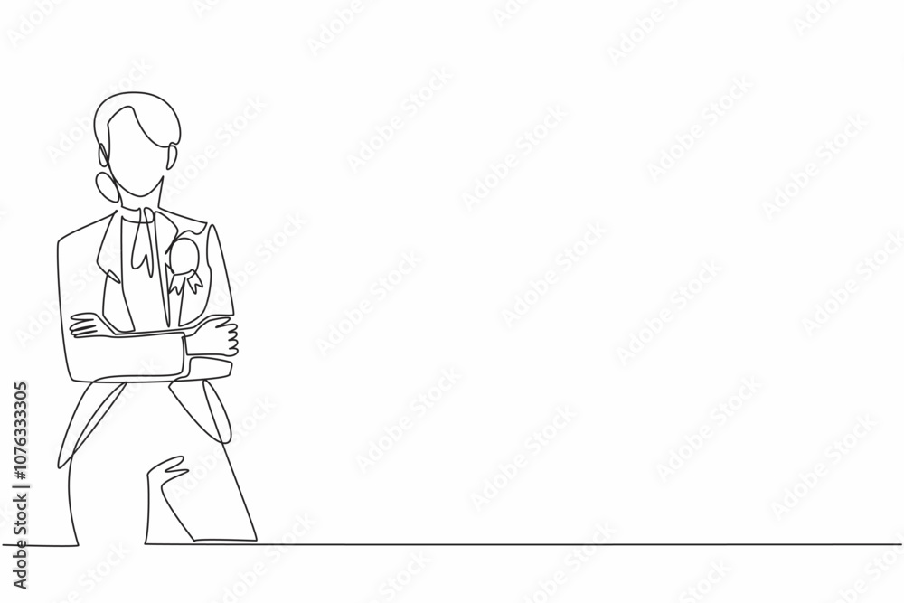 Single continuous line drawing woman in blazer stands with arms crossed, medal pinned to chest. Career achievements in the golden age. Employee Appreciation Day. One line design vector illustration Single continuous line drawing woman in blazer stands with arms crossed, medal pinned to chest. Career achievements in the golden age. Employee Appreciation Day. One line design vector illustration