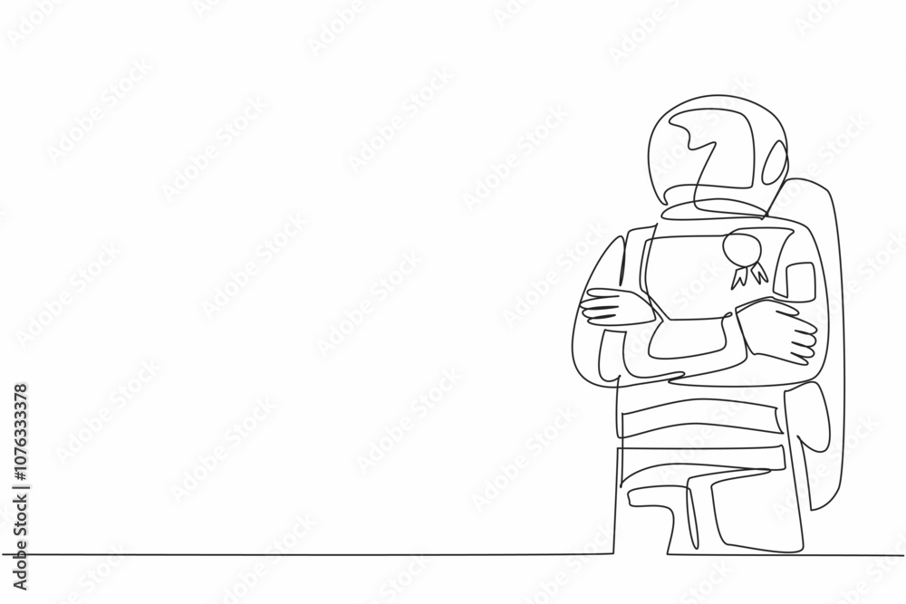 Continuous one line drawing an astronaut stands with arms crossed, a medal pinned to the chest. Spirit of exploration. Success. Employee Appreciation Day. Single line draw design vector illustration Continuous one line drawing an astronaut stands with arms crossed, a medal pinned to the chest. Spirit of exploration. Success. Employee Appreciation Day. Single line draw design vector illustration