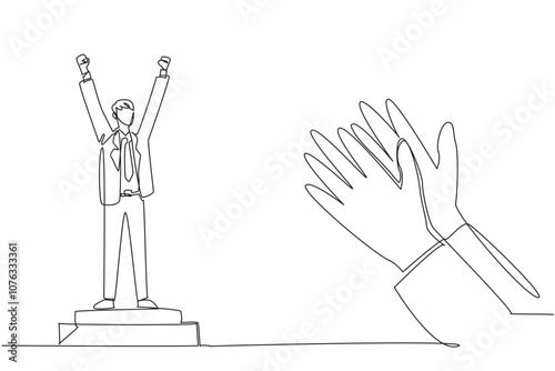 Single one line drawing man in suit and tie standing at podium. A pinnacle of achievement. Culmination of hard work. Dedication. Employee Appreciation Day. Continuous line design graphic illustration