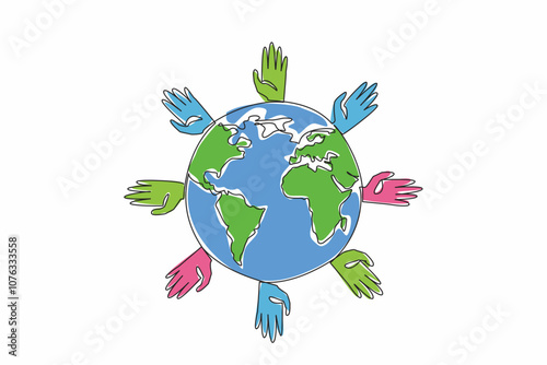Continuous one line drawing a globe surrounded by hands of various colors. The global community coming together to support those affected. Rare Disease Day. Single line draw design vector illustration