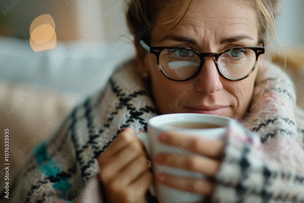 A relaxed Caucasian woman enjoys a warm mug of tea while wrapped in a cozy plaid, chatting happily on her mobile phone in the comfort of her home. A relaxed Caucasian woman enjoys a warm mug of tea while wrapped in a cozy plaid, chatting happily on her mobile phone in the comfort of her home.