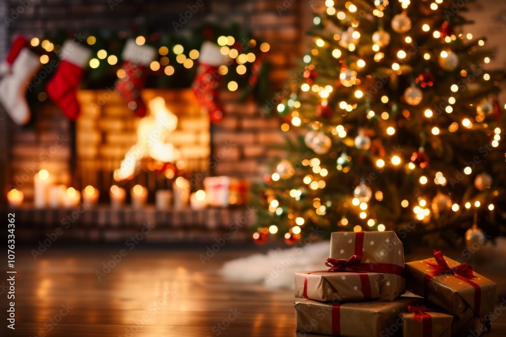 The room is filled with holiday spirit as a splendid Christmas tree glimmers beside a crackling fireplace, adorned with stockings and glowing lights, ready for festivities. The room is filled with holiday spirit as a splendid Christmas tree glimmers beside a crackling fireplace, adorned with stockings and glowing lights, ready for festivities.