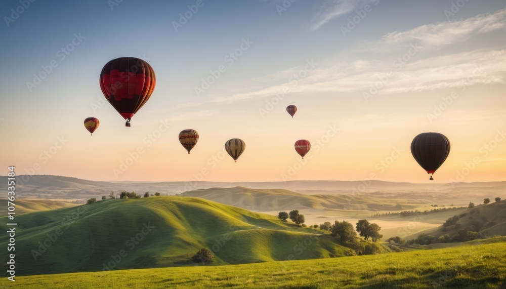 Obraz premium hot air balloons floating over rolling hills at sunrise, peaceful scene