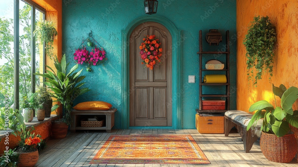 Fototapeta premium Cozy entryway with vibrant colors, plants, and decorative elements.