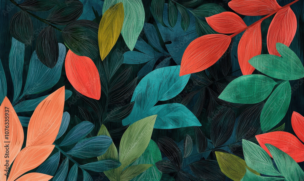 custom made wallpaper toronto digitalVibrant Botanical Illustration Featuring Colorful Leaves and Patterns