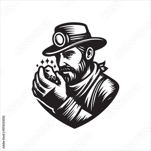 Miner examines a sparkling gemstone in his hand. A vintage-style illustration of a bearded miner wearing a hat and goggles, holding a small pickaxe in one hand and examining a shining gemstone.