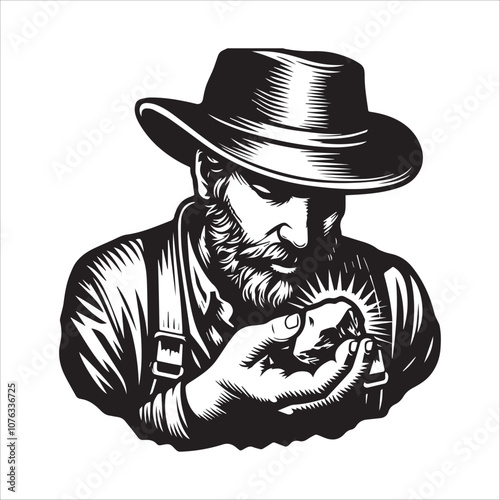 Miner examines a sparkling gemstone in his hand. A vintage-style illustration of a bearded miner wearing a hat and goggles, holding a small pickaxe in one hand and examining a shining gemstone.