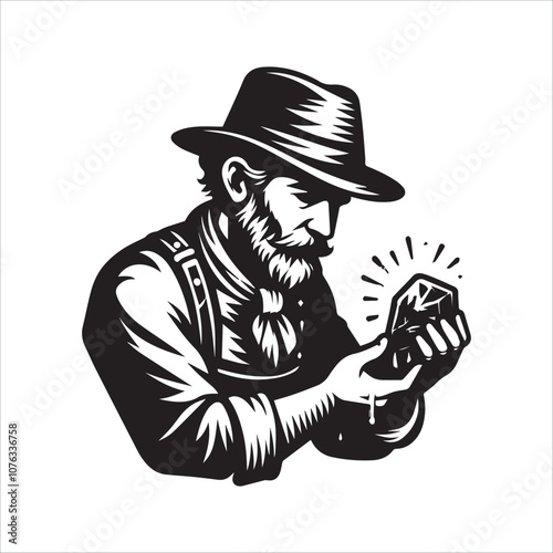 Miner examines a sparkling gemstone in his hand. A vintage-style illustration of a bearded miner wearing a hat and goggles, holding a small pickaxe in one hand and examining a shining gemstone.