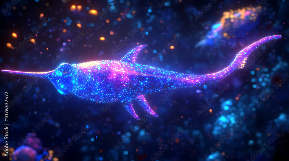 vibrant, glowing needlefish swims through colorful underwater scene, showcasing blend of blues and purples with sparkling details. enchanting atmosphere evokes sense of wonder and magic vibrant, glowing needlefish swims through colorful underwater scene, showcasing blend of blues and purples with sparkling details. enchanting atmosphere evokes sense of wonder and magic