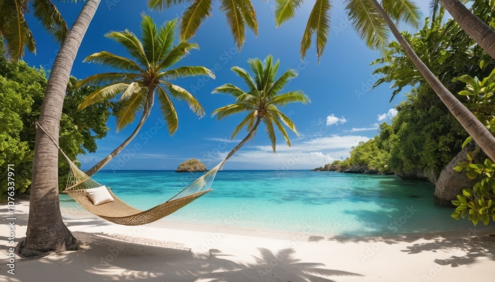 secluded beach with a hammock under palm trees, tropical paradise secluded beach with a hammock under palm trees, tropical paradise