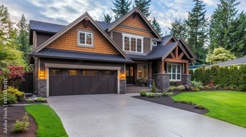 Modern Suburban Home with a Lush Green Lawn Modern Suburban Home with a Lush Green Lawn