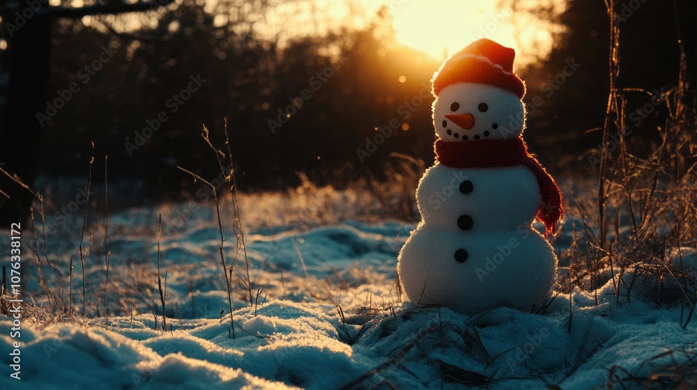 Obraz premium festive winter scene featuring a cheerful snowman standing in a snow-covered landscape surrounded by frosty trees, capturing the magic of christmas with a cozy holiday atmosphere under a clear blue sk