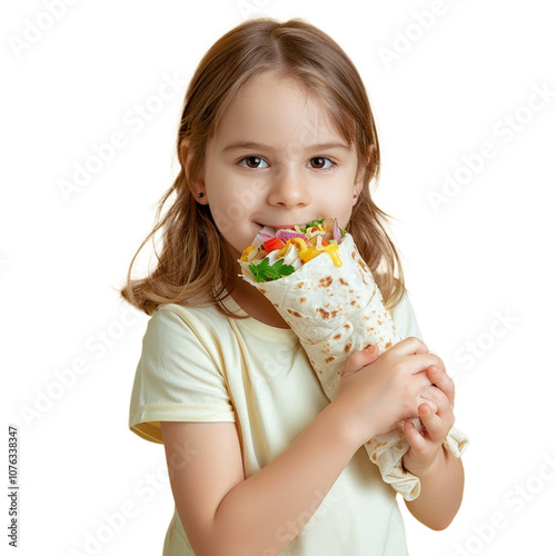 A cute girl eating a shawarma looking very happy on transparent background