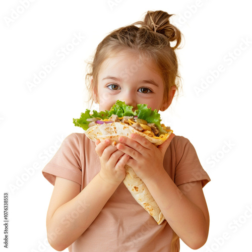 A cute girl eating a shawarma looking very happy on transparent background