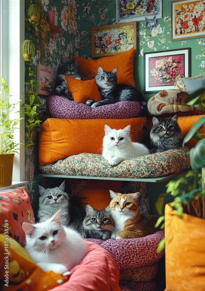 Fototapeta premium A whimsical illustration of cats lounging around in various cat beds.