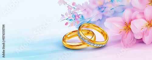 Golden wedding rings, interlocked with blurred floral backdrop, Watercolor style
