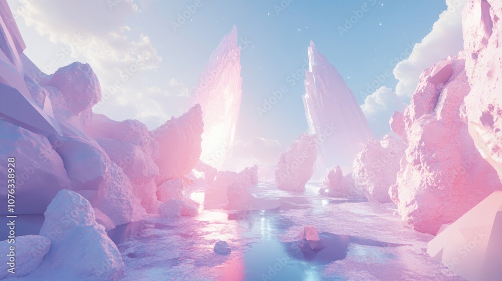Pastel Pink Crystal Mountains and a Waterway in a Dreamy Landscape