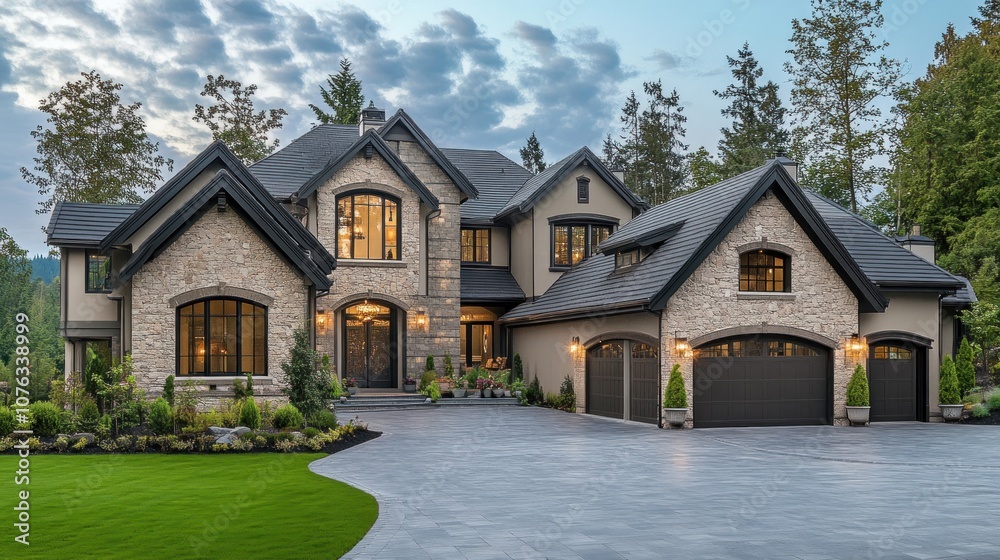 Obraz premium Luxury Home with Stone Facade and Expansive Lawn