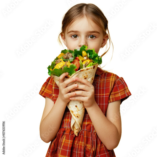 A cute girl eating a shawarma looking very happy on transparent background
