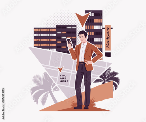 Traveler man holding phone with navigation app system, traveling, trying to find short route to destination, modern design art magazine, blog, graphic advertisement, digital social media illustration