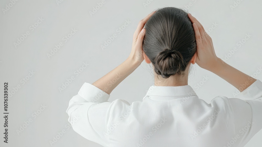 A woman with sleek dark hair holds her head, dressed in a white shirt, set against a minimalist background.