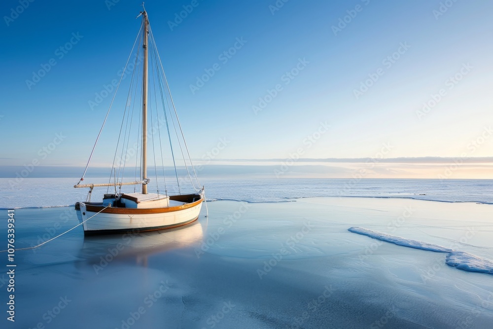 Fototapeta premium A solitary sailboat stands still on the icy waters of Latvia's coast, surrounded by glistening frozen landscapes under a clear blue sky, evoking a sense of peace and solitude.