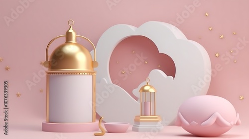 Golden Ramadan Lanterns and Pink Abstract Shapes