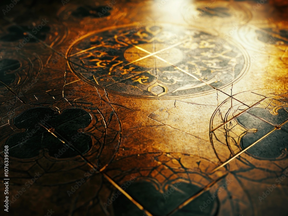 Naklejka premium Explore the intricate details of an ancient symbolic floor design that evokes mystery and history