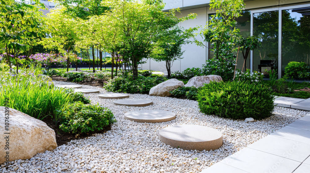 tranquil garden with stepping stones and lush greenery, perfect for meditation and relaxation. serene setting includes white pebbles and large rocks, creating peaceful atmosphere tranquil garden with stepping stones and lush greenery, perfect for meditation and relaxation. serene setting includes white pebbles and large rocks, creating peaceful atmosphere