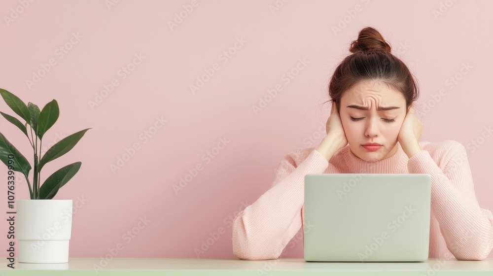 A young woman appears stressed while working on a laptop at a pastel-colored desk, surrounded by a plant. A young woman appears stressed while working on a laptop at a pastel-colored desk, surrounded by a plant.