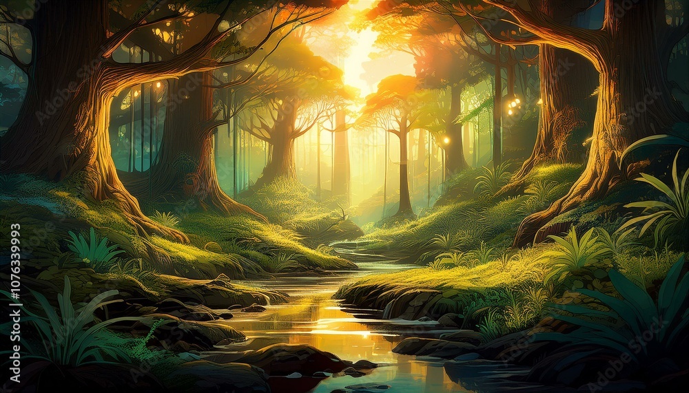 A serene enchanted forest with towering, glowing trees, soft moss-covered ground A serene enchanted forest with towering, glowing trees, soft moss-covered ground